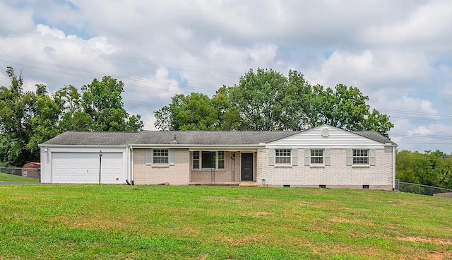 single story home with a garage and a front lawn