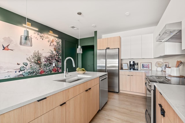 kitchen with sink, white cabinets, pendant lighting, and appliances with stainless steel finishes