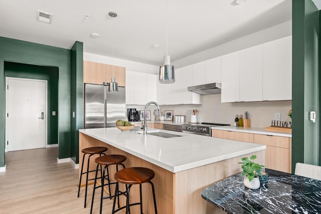 kitchen featuring white cabinetry, sink, stainless steel appliances, an island with sink, and a breakfast bar