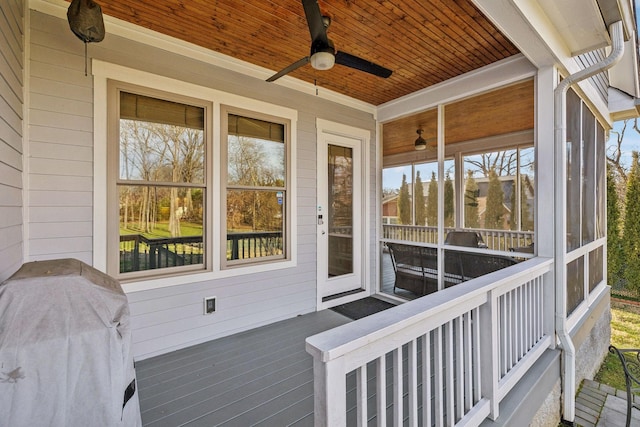 sunroom / solarium featuring ceiling fan and wood ceiling