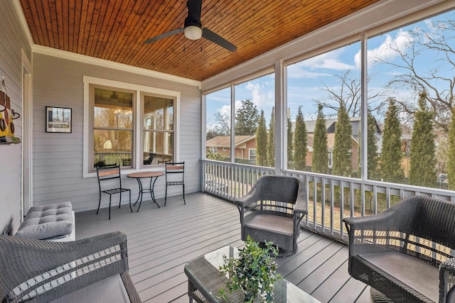 sunroom / solarium with wooden ceiling and ceiling fan