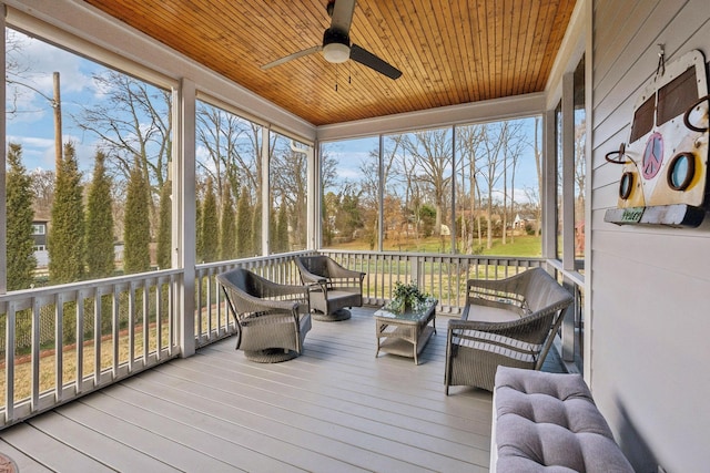 sunroom with wood ceiling, a wealth of natural light, and ceiling fan