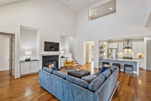 living room featuring wood-type flooring and a high ceiling