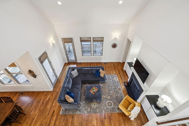 living room featuring a towering ceiling and wood-type flooring