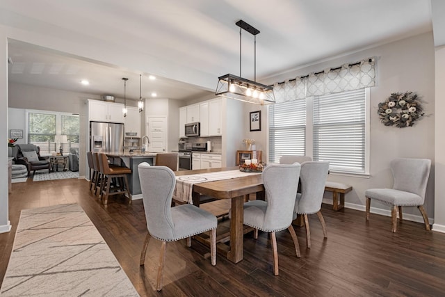 dining space featuring sink and dark wood-type flooring