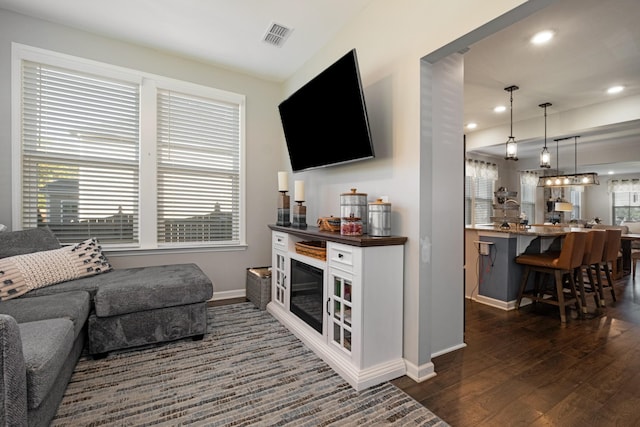 living room with dark hardwood / wood-style flooring