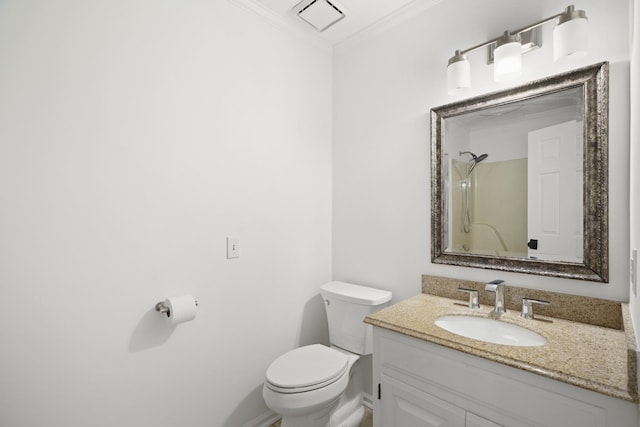 full bathroom featuring toilet, visible vents, vanity, a shower, and ornamental molding