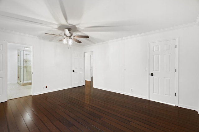 unfurnished room featuring hardwood / wood-style flooring, ceiling fan, baseboards, and crown molding