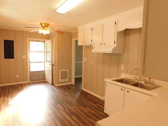 kitchen featuring white cabinetry, ceiling fan, dark wood-type flooring, and sink