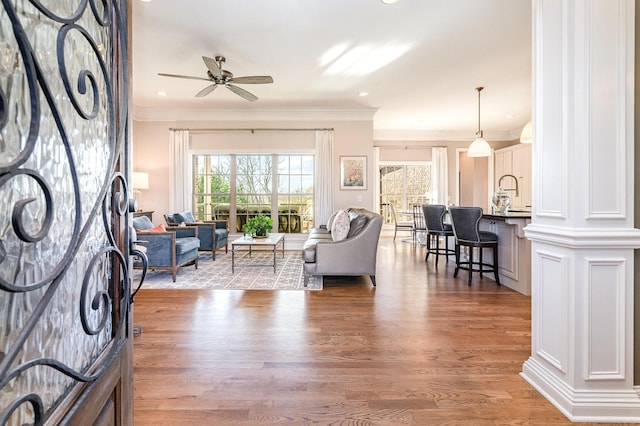 living room with ceiling fan, wood-type flooring, ornate columns, and crown molding