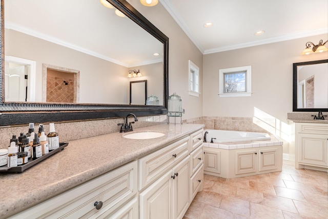 bathroom featuring plus walk in shower, vanity, and crown molding