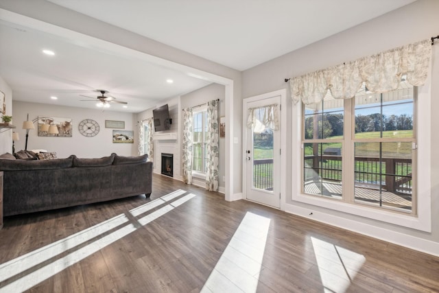 living room featuring ceiling fan and hardwood / wood-style flooring