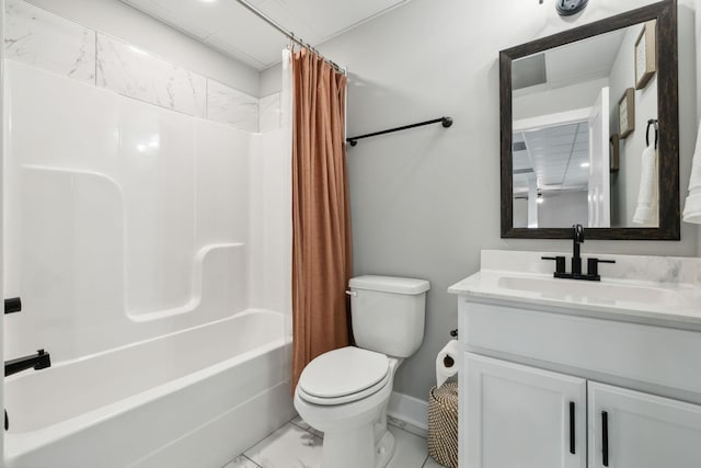 full bathroom featuring vanity, shower / bath combination with curtain, and toilet