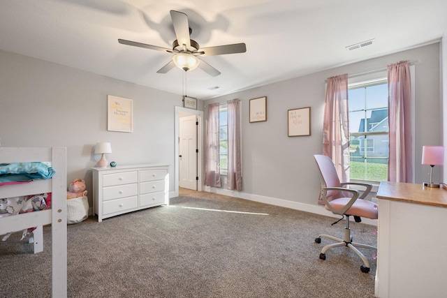 bedroom with ceiling fan and carpet