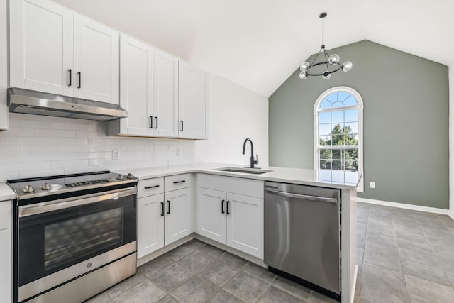 kitchen with white cabinetry, sink, hanging light fixtures, stainless steel appliances, and kitchen peninsula