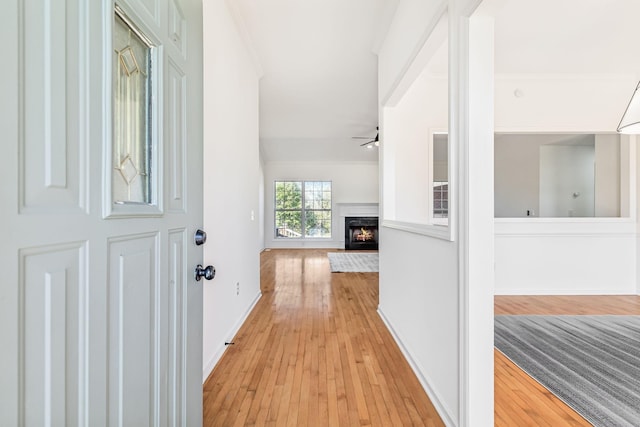 corridor with light hardwood / wood-style flooring and ornamental molding