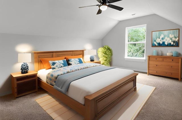 carpeted bedroom featuring ceiling fan and lofted ceiling