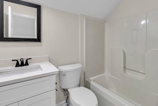 full bathroom with shower / tub combination, vanity, lofted ceiling, and toilet