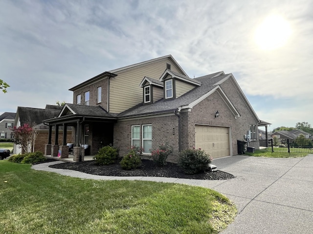 view of property exterior with a yard and a garage