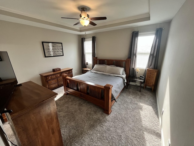 bedroom with multiple windows, dark colored carpet, a tray ceiling, and ceiling fan