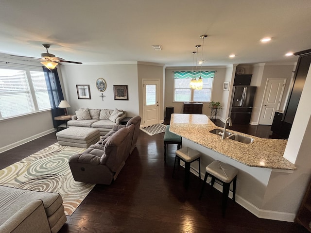 living room featuring ceiling fan, sink, dark hardwood / wood-style floors, and ornamental molding