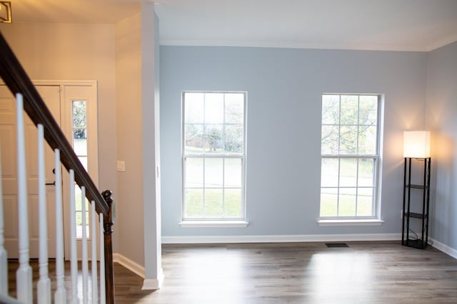 entrance foyer with hardwood / wood-style flooring, a wealth of natural light, and ornamental molding