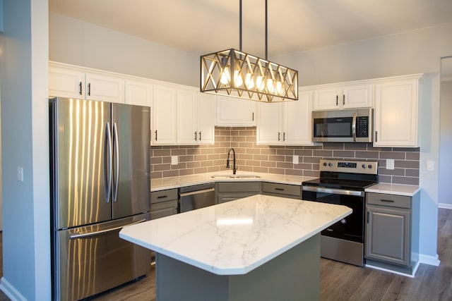 kitchen with gray cabinets, a kitchen island, sink, white cabinets, and stainless steel appliances