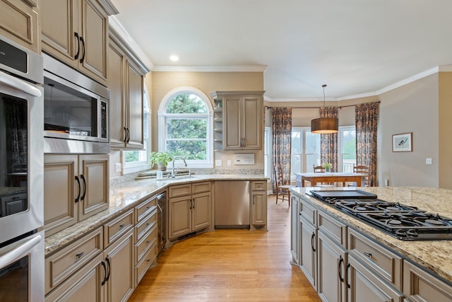 kitchen with pendant lighting, sink, stainless steel appliances, crown molding, and light wood-type flooring