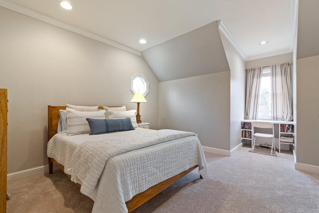 bedroom featuring multiple windows, crown molding, lofted ceiling, and light carpet