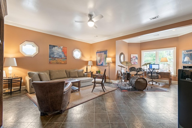 living room featuring crown molding and ceiling fan