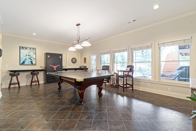 playroom with ornamental molding and billiards