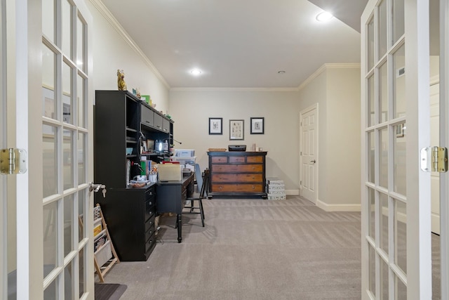 home office featuring crown molding, carpet floors, and french doors