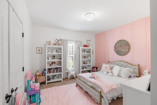 bedroom with light colored carpet