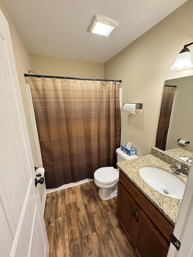 bathroom featuring hardwood / wood-style floors, vanity, and toilet