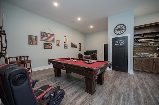 rec room with hardwood / wood-style floors and billiards