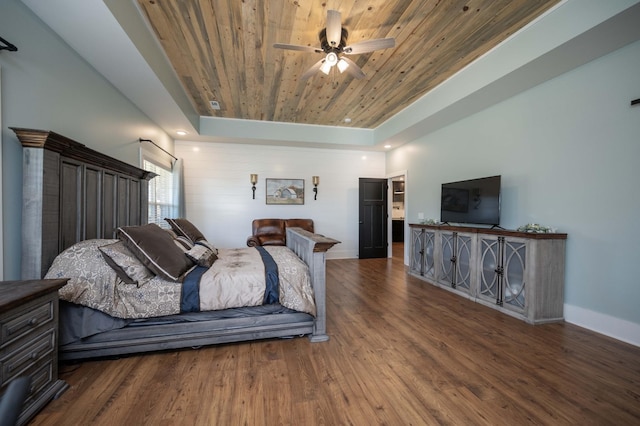 bedroom with hardwood / wood-style floors, ceiling fan, a raised ceiling, and wood ceiling