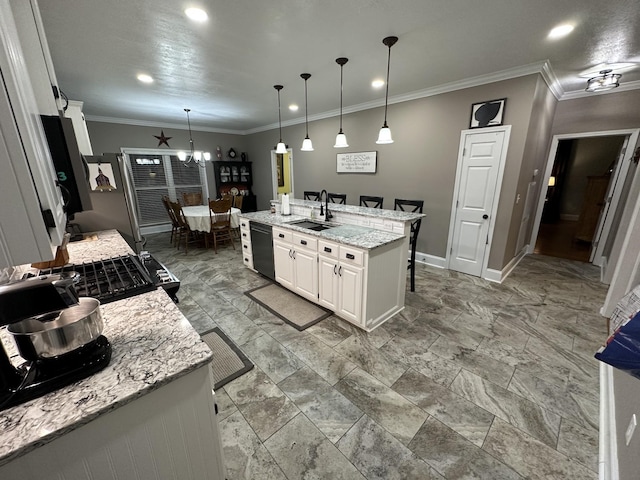 kitchen featuring white cabinetry, sink, black dishwasher, light stone counters, and a kitchen island with sink