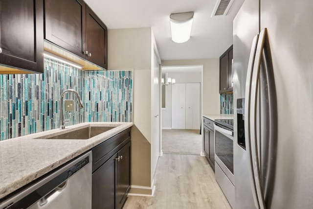 kitchen featuring sink, dark brown cabinets, appliances with stainless steel finishes, light hardwood / wood-style floors, and decorative backsplash