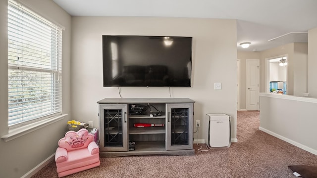 interior space with ceiling fan and carpet floors