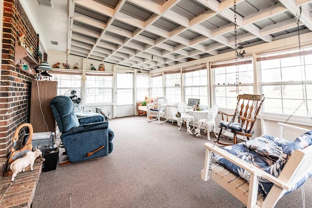 sunroom with visible vents, coffered ceiling, and beam ceiling