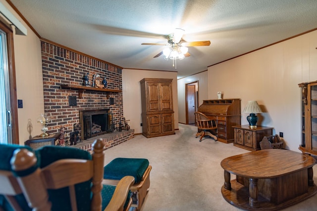 carpeted living area with a textured ceiling, ornamental molding, and a brick fireplace