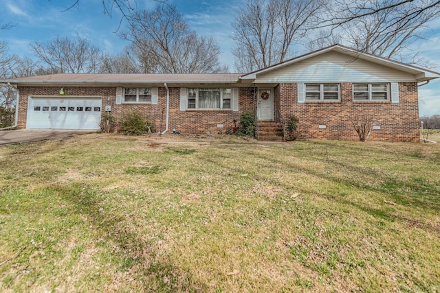 ranch-style home with a front yard, crawl space, brick siding, and an attached garage