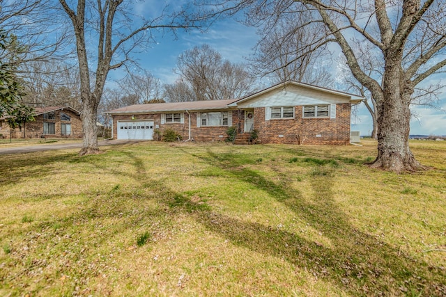 single story home featuring an attached garage, brick siding, driveway, crawl space, and a front yard