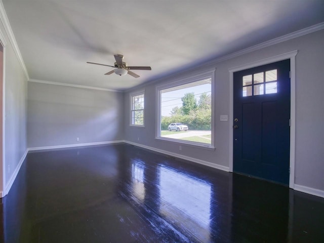 entrance foyer with ceiling fan, dark hardwood / wood-style flooring, and ornamental molding