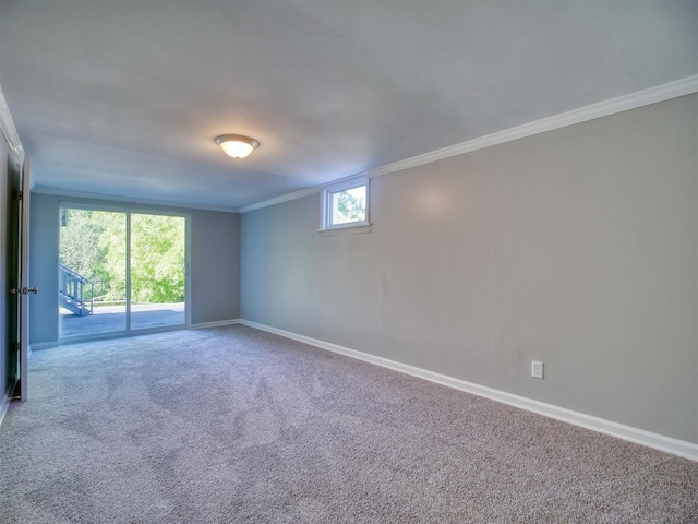 carpeted spare room with crown molding