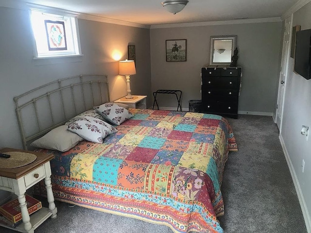 bedroom with dark colored carpet and crown molding