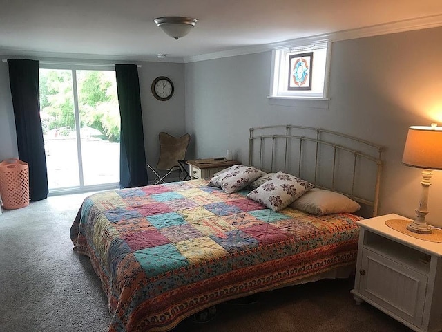 bedroom with access to exterior, carpet, and ornamental molding