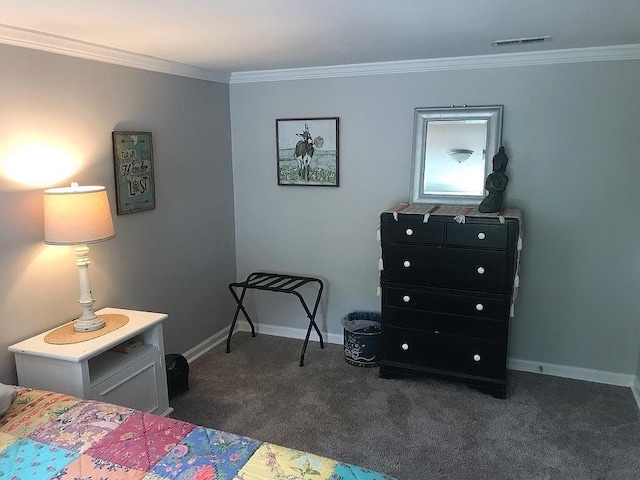 carpeted bedroom featuring ornamental molding