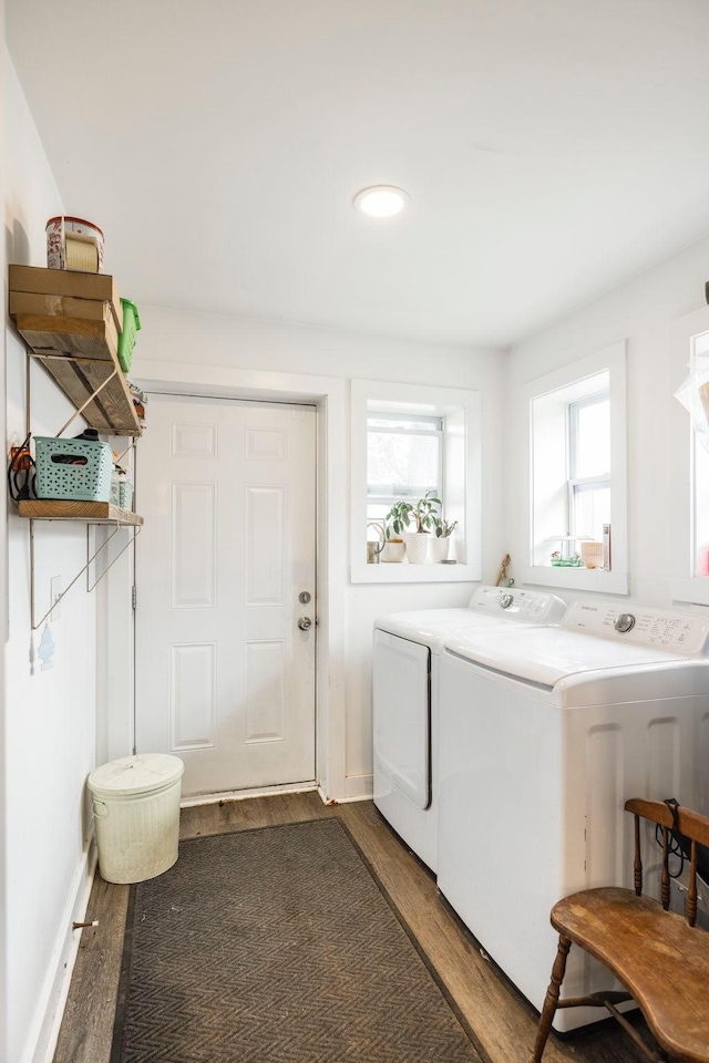 laundry room featuring separate washer and dryer, wood finished floors, and laundry area