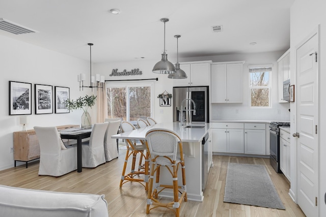 kitchen with white cabinetry, decorative light fixtures, a kitchen island with sink, appliances with stainless steel finishes, and light wood-type flooring